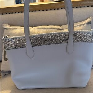 Kate Spade Light Gray Tote with Silver Glitter Trim